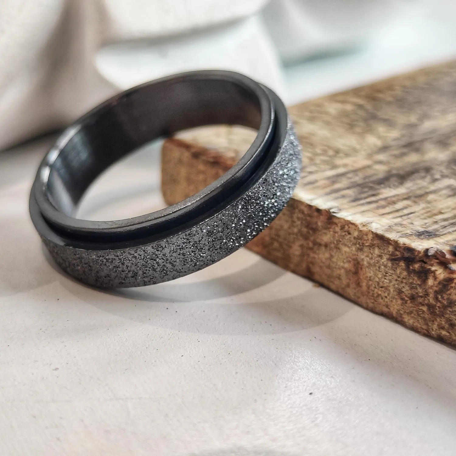 6mm Mens Black Rotatable Spinner Stainless Steel Promise Ring