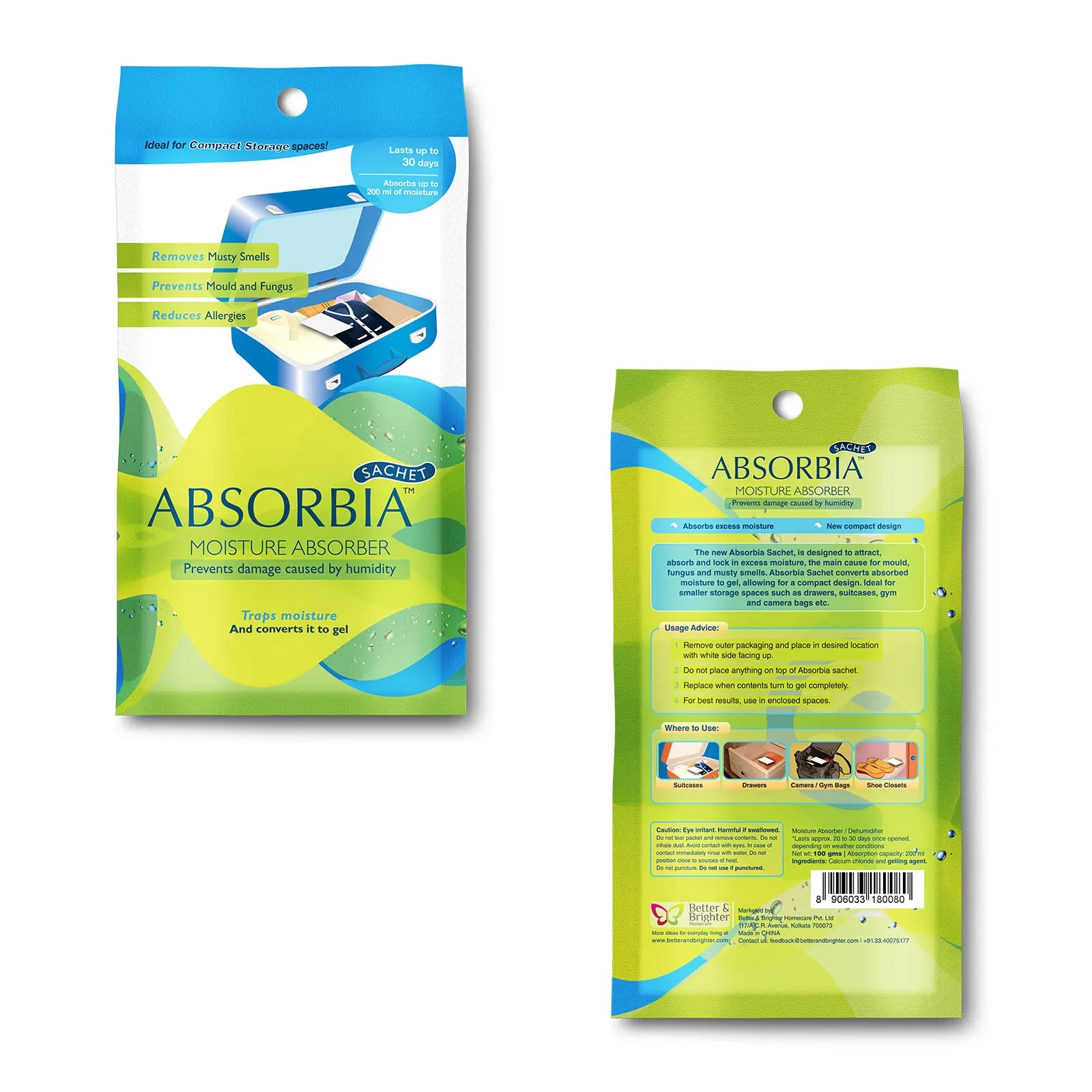 Absorbia Moisture Absorber | Absorbia Sachet - Season XL Pack of 12 X 10 (200ml Each) | Dehumidier for Bags, Suitcases Drawers | Fights Against Moisture, Mould, Fungus Musty smells