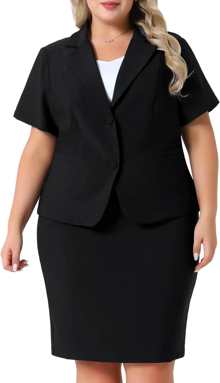 Agnes Orinda Plus Size Women Blazer Suits Notch Lapel Short Sleeve Office Pencil Skirt Business Skirt Set