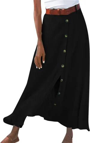 GRASWE Womens Button Front High Waist Casual Maxi Skirt Work Office Cotton Linen Long Skirt Loose A Line Skirt