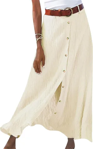 GRASWE Womens Button Front High Waist Casual Maxi Skirt Work Office Cotton Linen Long Skirt Loose A Line Skirt