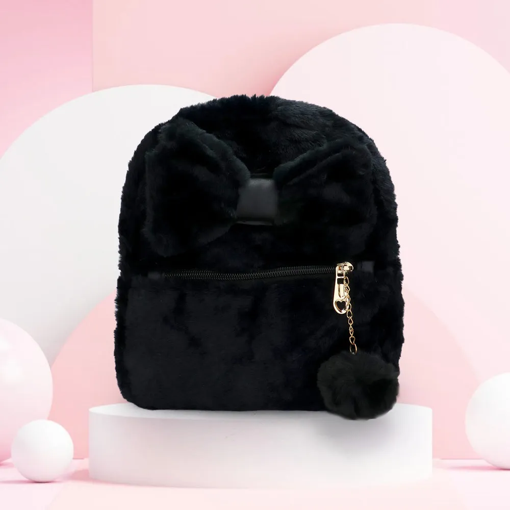 iLLASPARKZ Faux Fur Bow Pom Pom Pointed Plush Mini Backpack