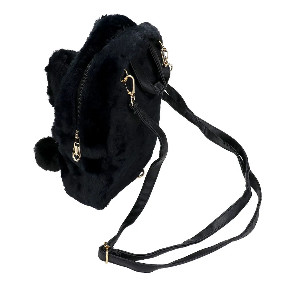 iLLASPARKZ Faux Fur Bow Pom Pom Pointed Plush Mini Backpack