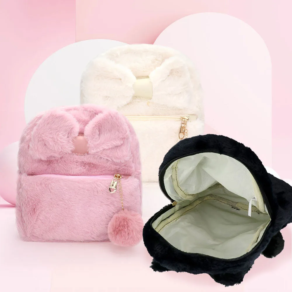 iLLASPARKZ Faux Fur Bow Pom Pom Pointed Plush Mini Backpack