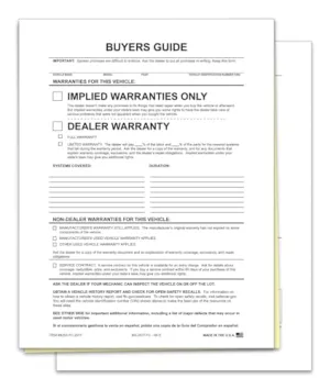Implied Warranty File Copy Buyers Guide for Car Dealerships - 2-Part Carbonless Forms - White, Canary - No Adhesive or Tape - Perfect for Holder or Filing - 8-1/2" × 11