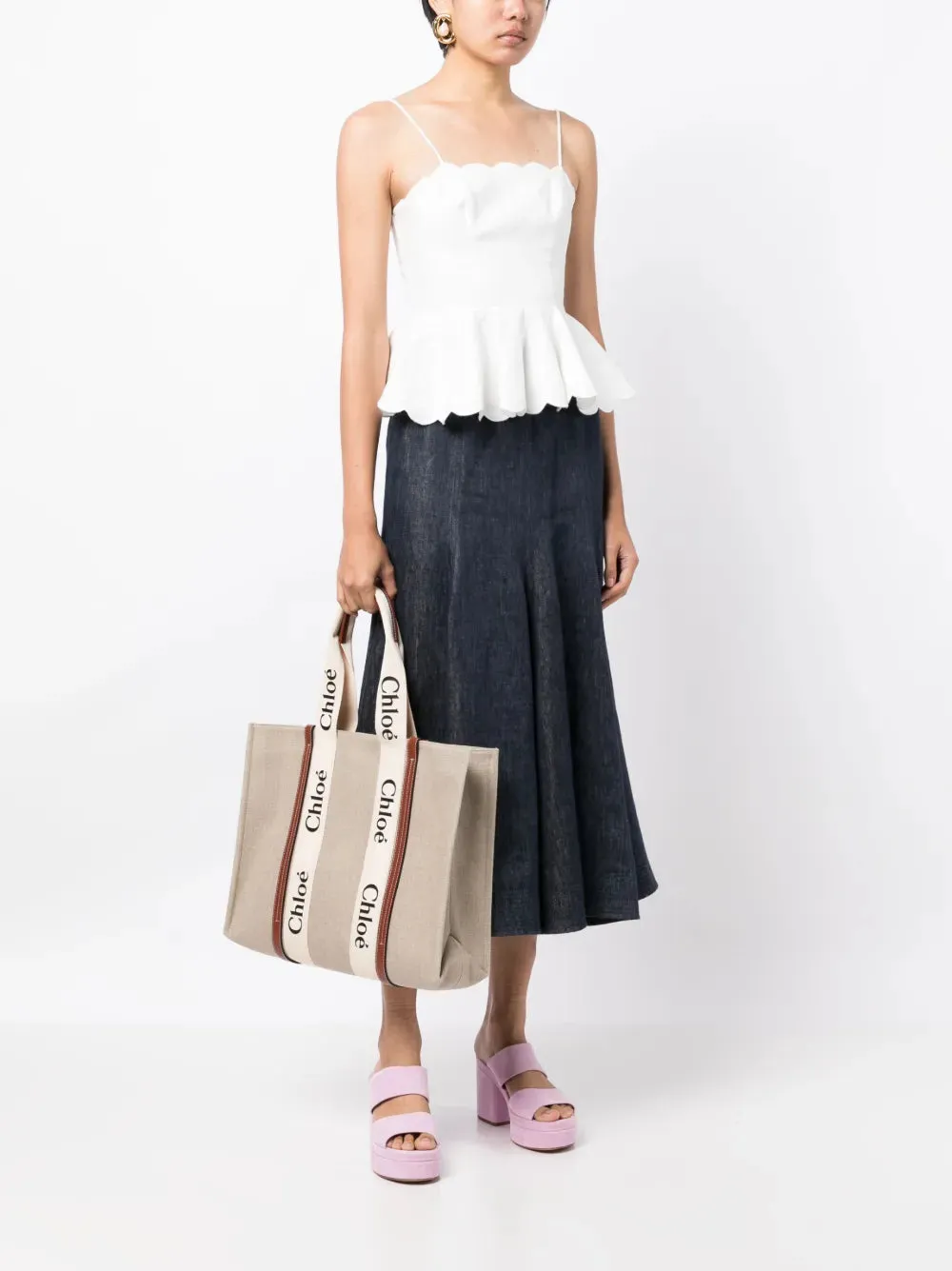 Large Woody Tote Bag in White & Brown