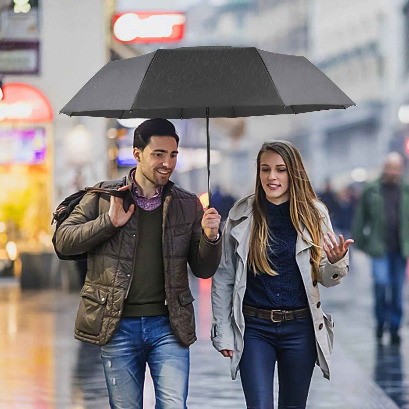 Lejorain Windproof Travel Folding Umbrella - 10 Ribs Automatic Collapsible Wind Resistant Black Umbrellas - Compact Rain Umbrella for Backpack