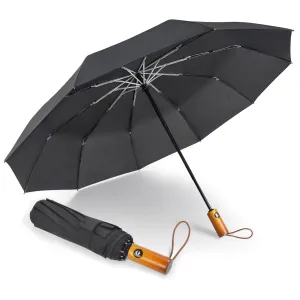 Lejorain Windproof Travel Folding Umbrella - 10 Ribs Automatic Collapsible Wind Resistant Black Umbrellas - Compact Rain Umbrella for Backpack