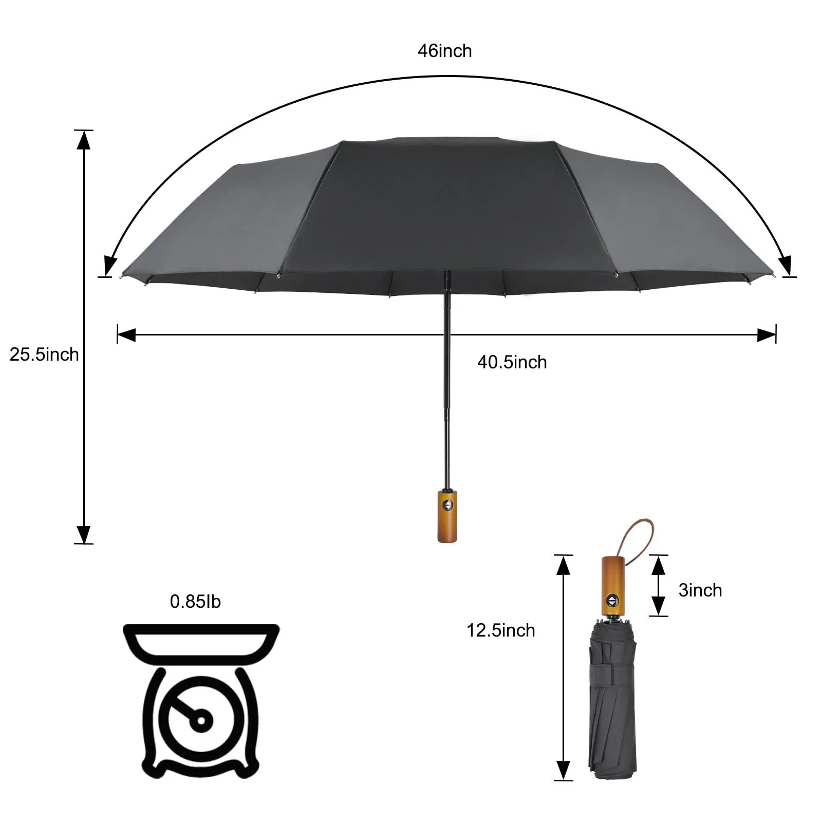 Lejorain Windproof Travel Folding Umbrella - 10 Ribs Automatic Collapsible Wind Resistant Black Umbrellas - Compact Rain Umbrella for Backpack