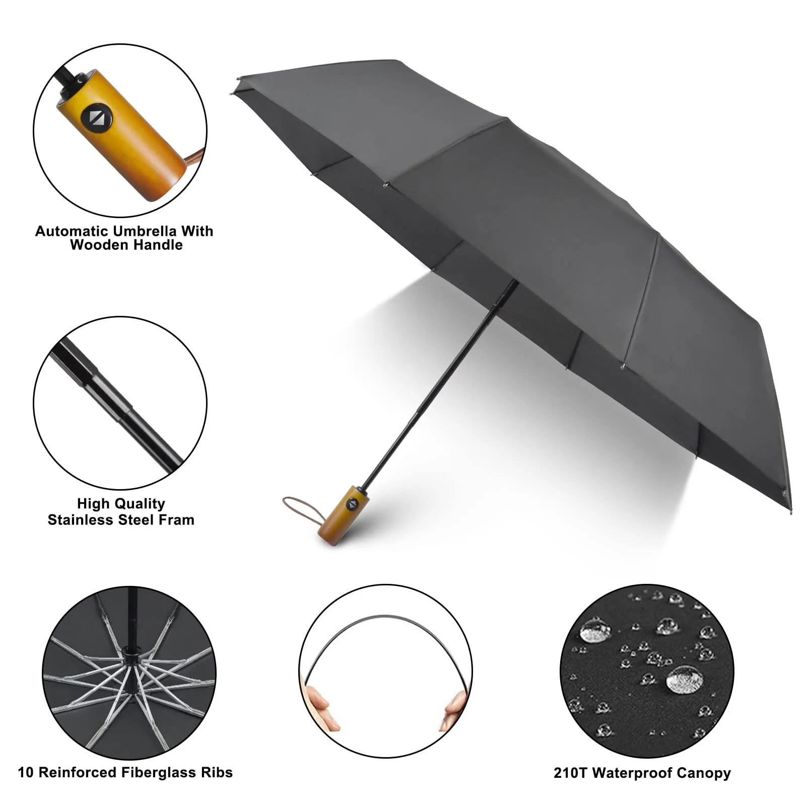 Lejorain Windproof Travel Folding Umbrella - 10 Ribs Automatic Collapsible Wind Resistant Black Umbrellas - Compact Rain Umbrella for Backpack