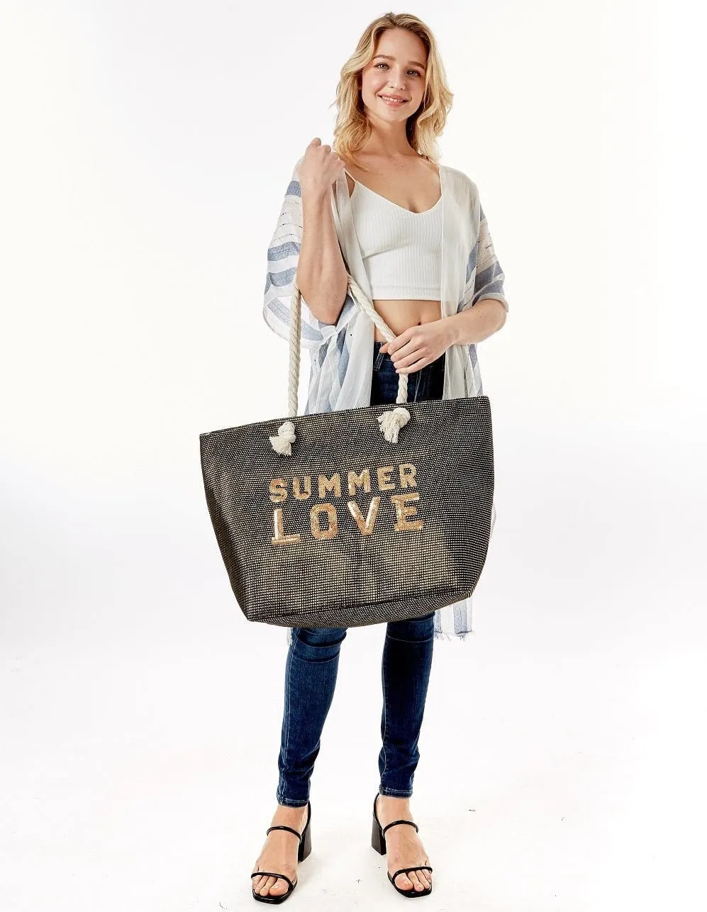 LOA375 Glitz Sequins Letter 'Summer Love' Beach Tote Bag