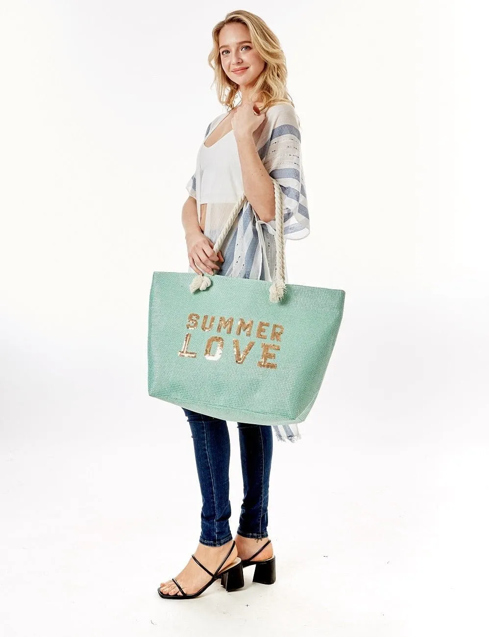 LOA375 Glitz Sequins Letter 'Summer Love' Beach Tote Bag