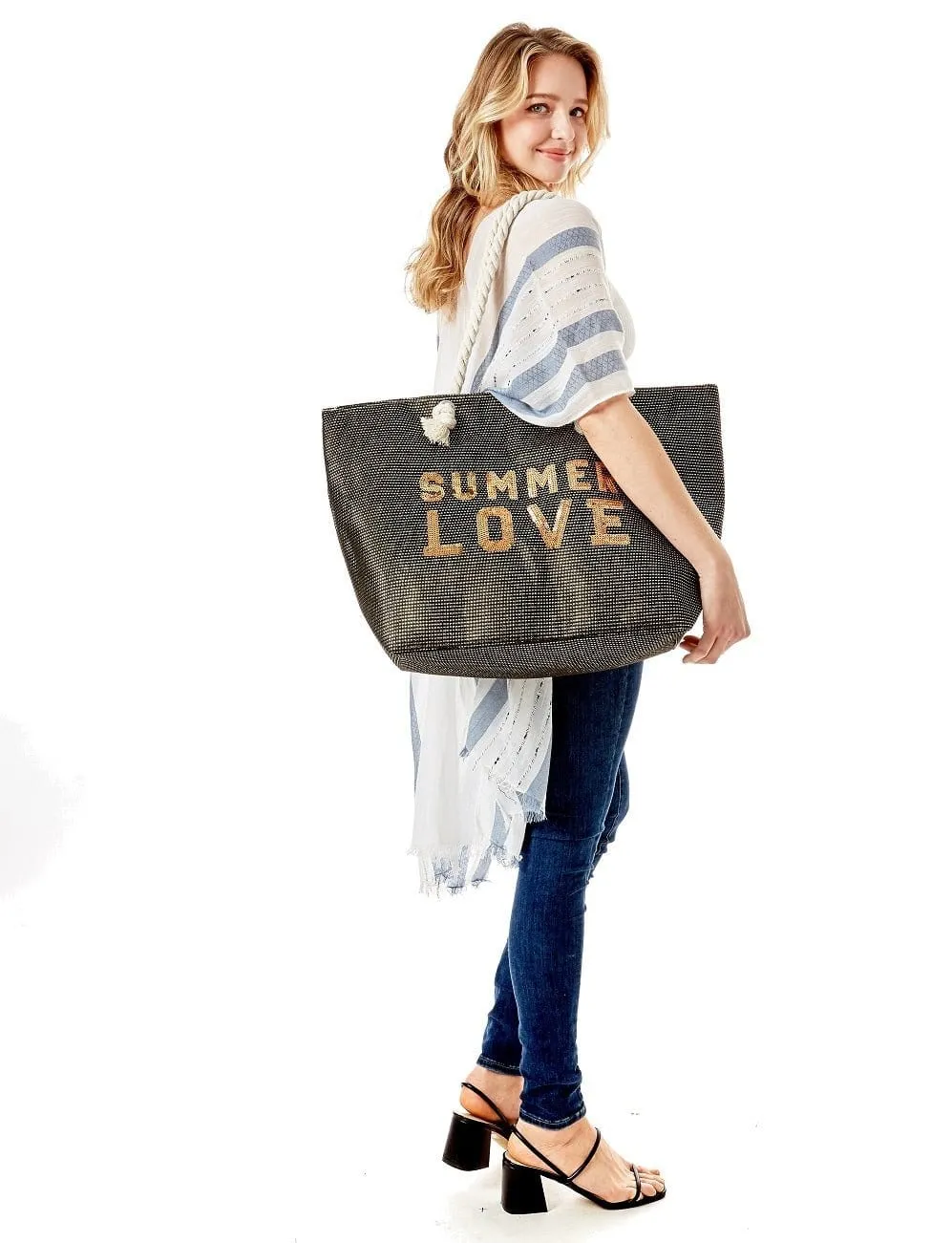 LOA375 Glitz Sequins Letter 'Summer Love' Beach Tote Bag