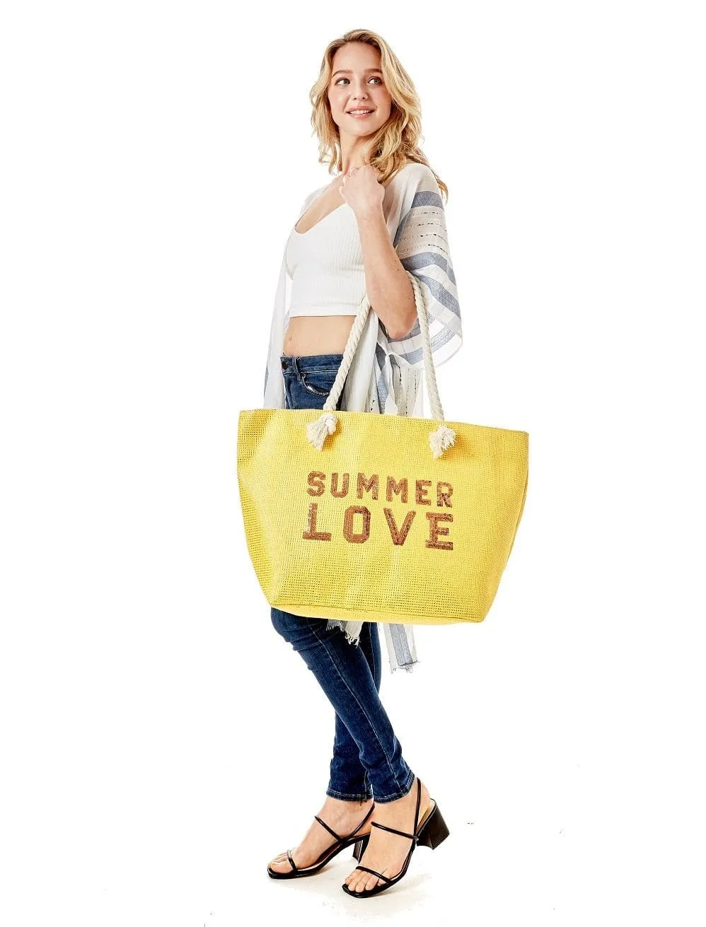 LOA375 Glitz Sequins Letter 'Summer Love' Beach Tote Bag