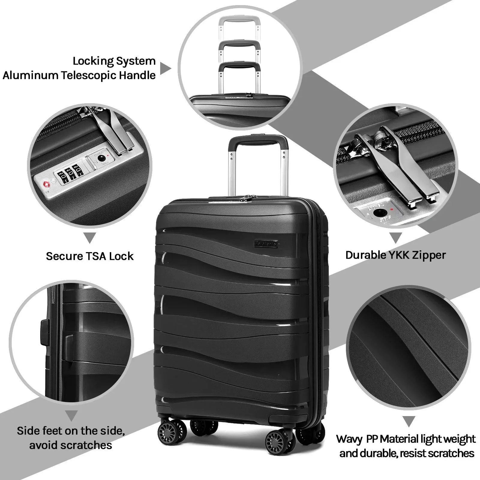 Melalenia 3-Piece Carry-on Luggage Set  PP Material Suitcase with Spinner Wheels Hardside TSA Lock(Black)