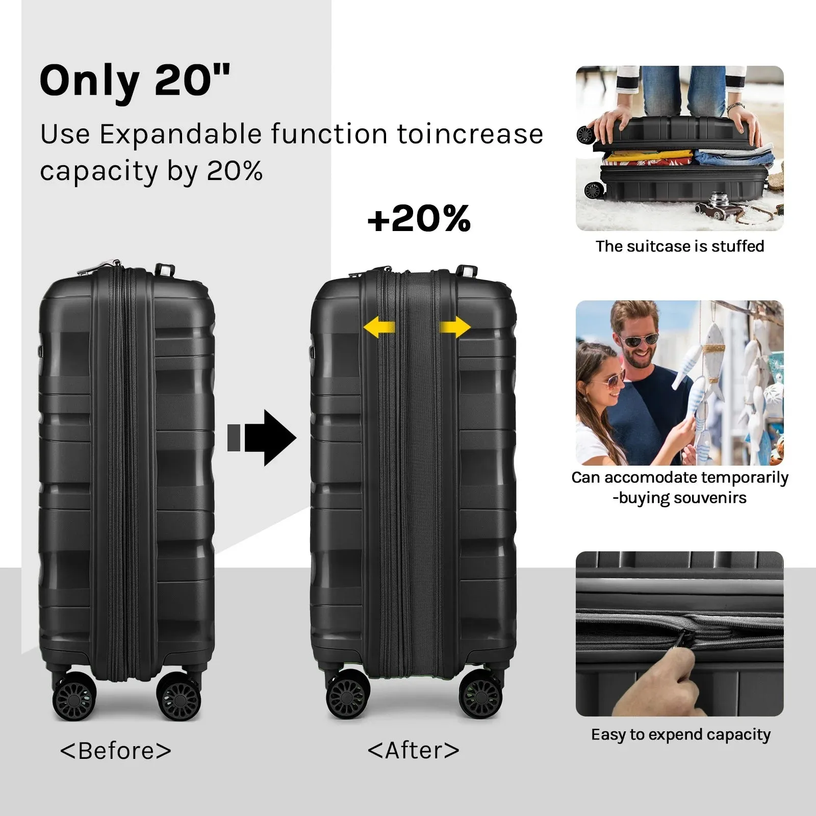 Melalenia 3-Piece Carry-on Luggage Set  PP Material Suitcase with Spinner Wheels Hardside TSA Lock(Black)
