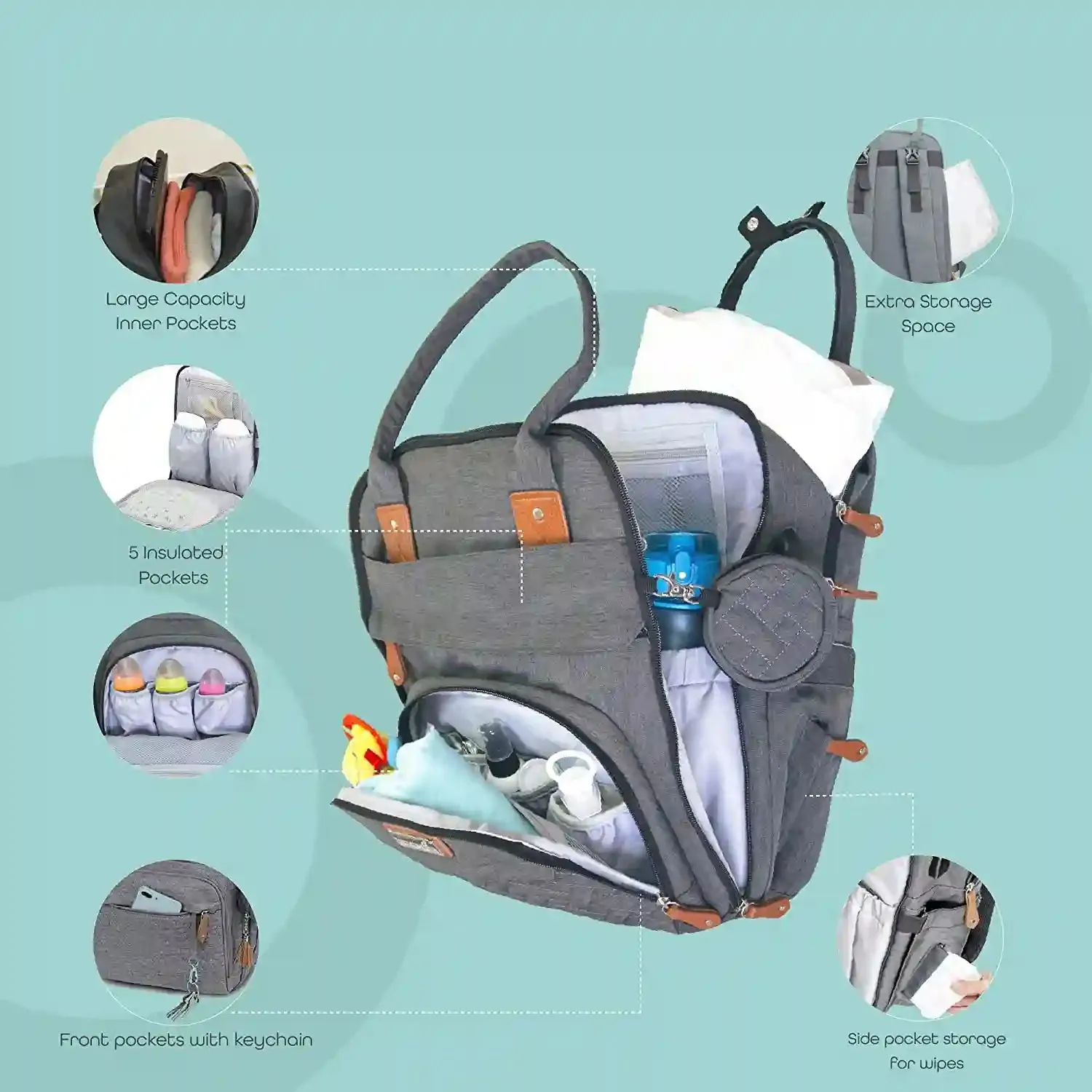 Moon Kary Me Diaper Bag Backpack With Pacifier Case (Dark Grey)