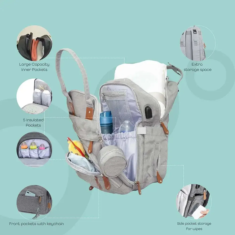 Moon Kary Me Diaper Bag Backpack With Pacifier Case (Light Grey)