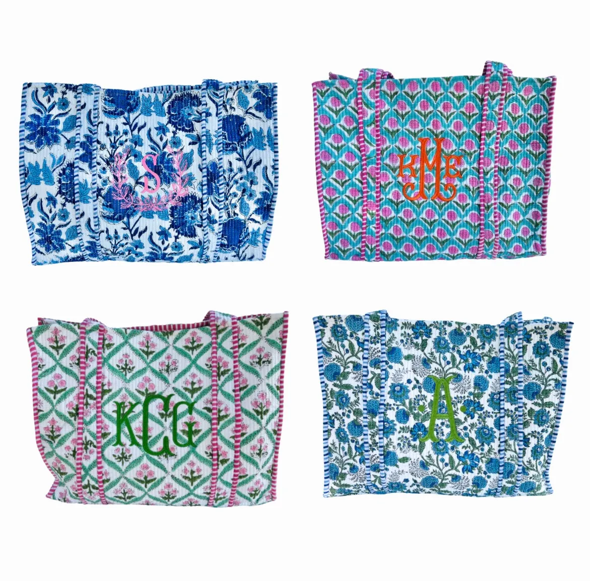 Pink and green quilted block print tote bag monogram available