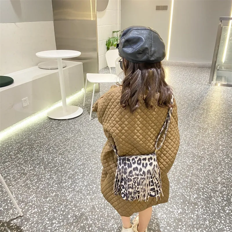PU leopard tassel kids fashion bags cute purse