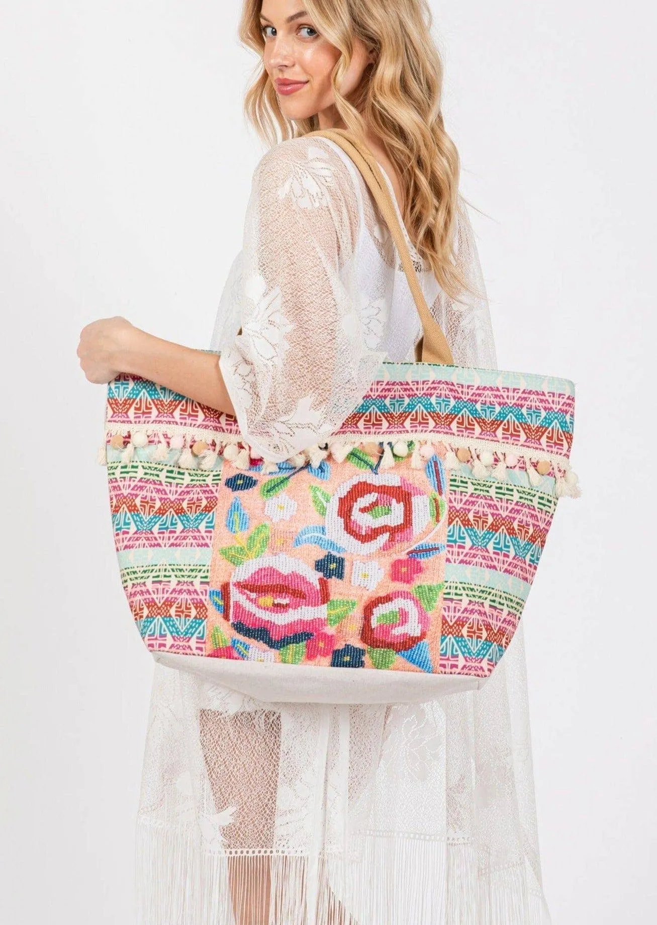 Violeta Boho Rose Print Tassel Tote Bag