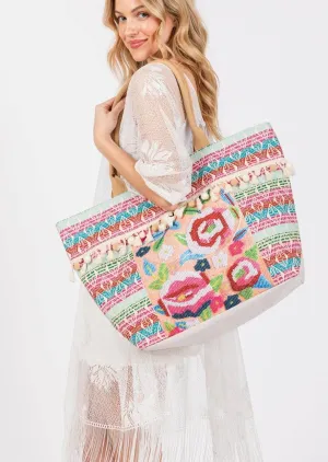 Violeta Boho Rose Print Tassel Tote Bag